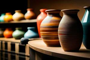 a row of colorful vases on a wooden shelf. AI-Generated photo