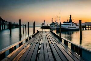 a pier with boats docked at sunset. AI-Generated photo