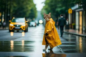 a cat in a raincoat walking down a street. AI-Generated photo