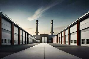 a long empty warehouse with two large chimneys. AI-Generated photo