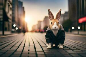 un Conejo en un traje en pie en un calle. generado por ai foto