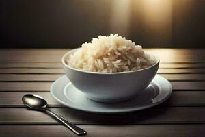 a bowl of rice on a wooden table. AI-Generated photo