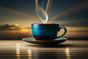 a cup of coffee on a table with a sunset in the background. AI-Generated photo