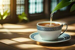 un taza de té es vertido dentro un platillo en un de madera mesa. generado por ai foto