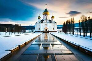 un Iglesia en el nieve con un dorado cúpula. generado por ai foto