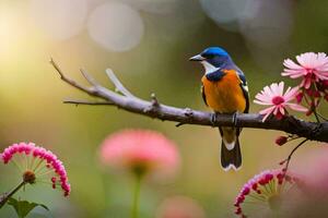 a colorful bird sits on a branch with pink flowers. AI-Generated photo