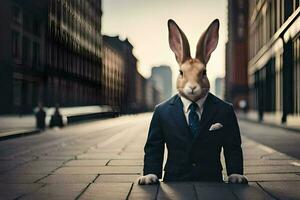 a rabbit in a suit and tie standing on a street. AI-Generated photo