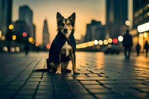 a dog sitting on the street at dusk. AI-Generated photo
