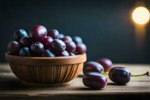 grapes in a bowl on a wooden table. AI-Generated photo