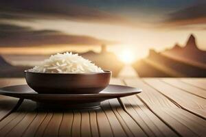 rice in a bowl on a wooden table. AI-Generated photo