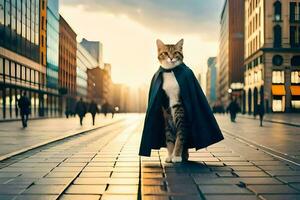 un gato vestido como un superhéroe camina abajo un ciudad calle. generado por ai foto