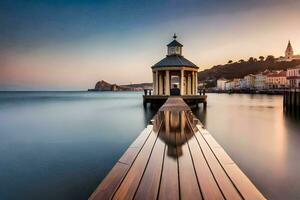 un muelle con un Kiosko a puesta de sol. generado por ai foto