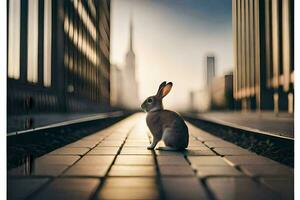 a rabbit sitting on the tracks in front of tall buildings. AI-Generated photo