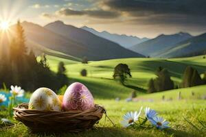 Pascua de Resurrección huevos en un cesta en el montañas. generado por ai foto