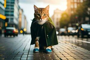 a cat wearing a green coat and blue shoes. AI-Generated photo