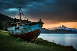 a boat sits on the shore of a lake at sunset. AI-Generated photo