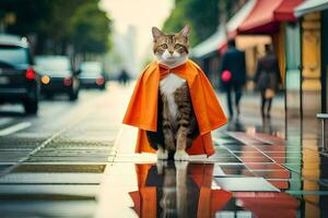 a cat wearing an orange cape on a rainy day. AI-Generated photo