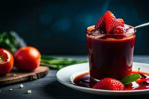 a glass of red liquid with strawberries and tomatoes. AI-Generated photo