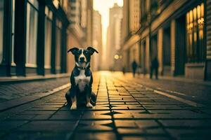 a dog sitting on the street in a city. AI-Generated photo