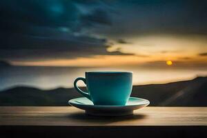 a cup of coffee on a wooden table with a view of the ocean. AI-Generated photo