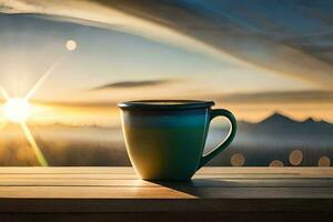 coffee cup on the balcony, sunrise, mountains, mountains, sunrise, the sky, h. AI-Generated photo