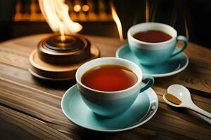 tea in a cup and saucer on a table with a fire. AI-Generated photo