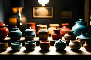 a collection of colorful vases on a shelf. AI-Generated photo