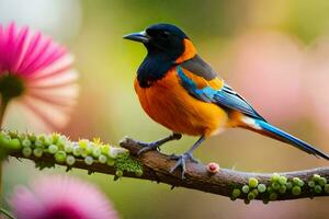 un vistoso pájaro se sienta en un rama con rosado flores generado por ai foto