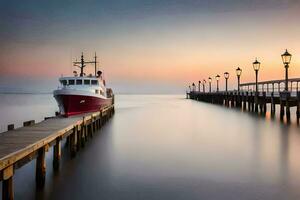 a boat docked at the end of a pier at sunset. AI-Generated photo