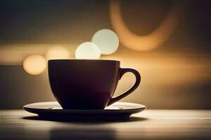 a cup of coffee on a table with bokeh lights. AI-Generated photo