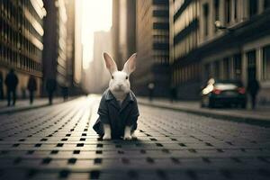 a rabbit in a suit is sitting on the street. AI-Generated photo