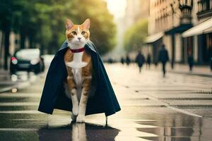 a cat wearing a cape walks down a street. AI-Generated photo