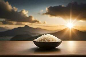 rice in a bowl on a table with mountains in the background. AI-Generated photo