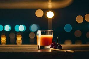 a glass of juice with a cherry on the table. AI-Generated photo