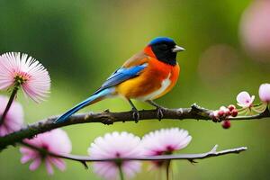 a colorful bird sits on a branch with pink flowers. AI-Generated photo