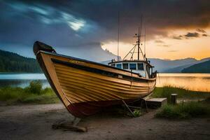 a boat sits on the shore of a lake at sunset. AI-Generated photo