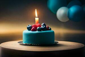 blue birthday cake with a lit candle. AI-Generated photo