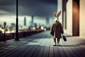 a rabbit in a coat and suit standing on a wooden walkway. AI-Generated photo