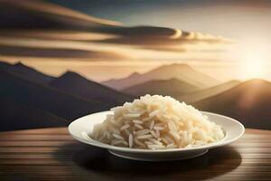 a bowl of rice is on a table in front of mountains. AI-Generated photo