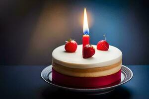 a birthday cake with a single candle. AI-Generated photo