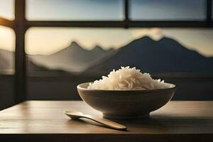 arroz en un cuenco en un mesa con montañas en el antecedentes. generado por ai foto