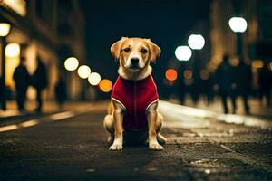 a dog wearing a red vest sitting on the street at night. AI-Generated photo