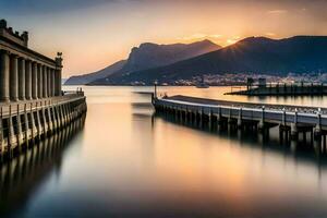 un largo muelle con un montaña en el antecedentes. generado por ai foto