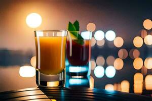 dos lentes de naranja jugo en un mesa en frente de un ciudad horizonte. generado por ai foto