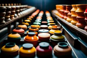 a row of colorful vases on a shelf. AI-Generated photo
