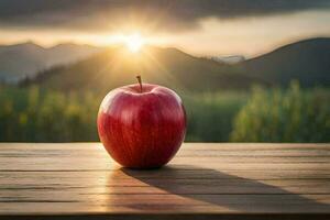 an apple sits on a wooden table in front of a sunset. AI-Generated photo