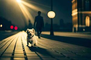 a small white dog is walking down a street at night. AI-Generated photo