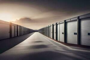 a long walkway with a row of storage units. AI-Generated photo