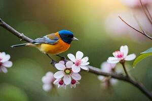 a bird sits on a branch with flowers. AI-Generated photo