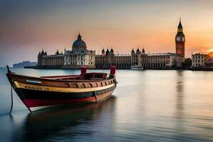 a boat sits in the water near big ben. AI-Generated photo
